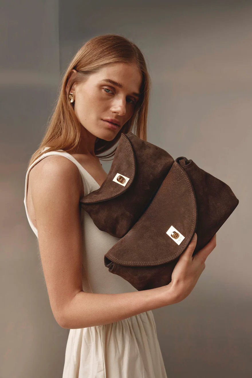 Sloane Dark Chocolate Suede Crossbody Clutch - Image 6